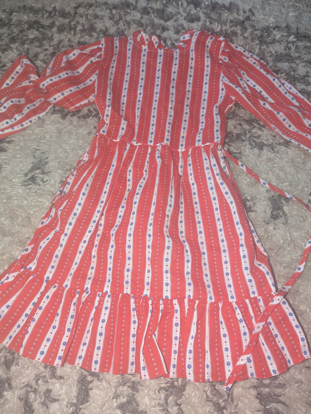 VINTAGE Girls' Coral Striped Ruffle-Hem Dress with Tie Waist